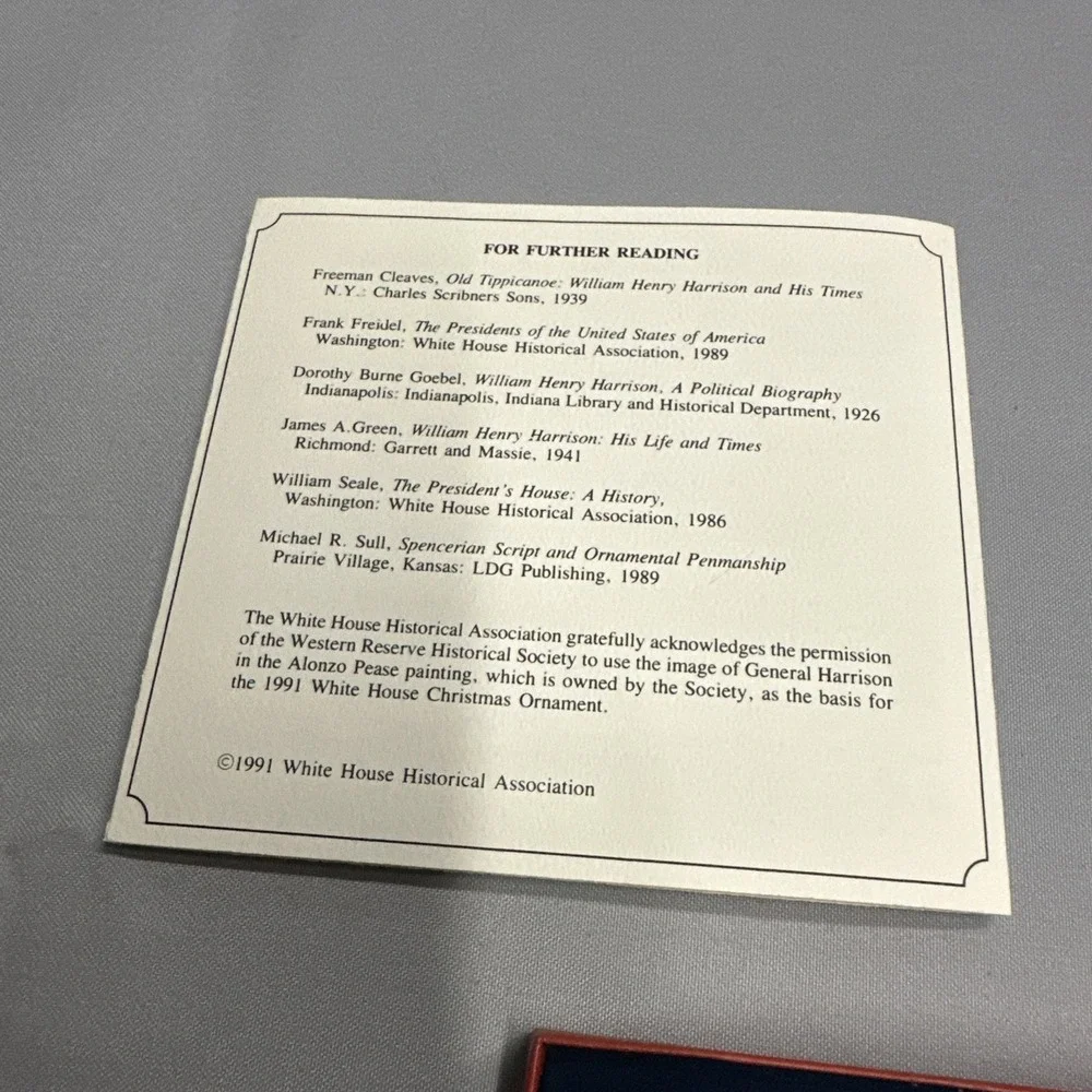 White House Historical Association 1991 Christmas Ornament Certificate & Box